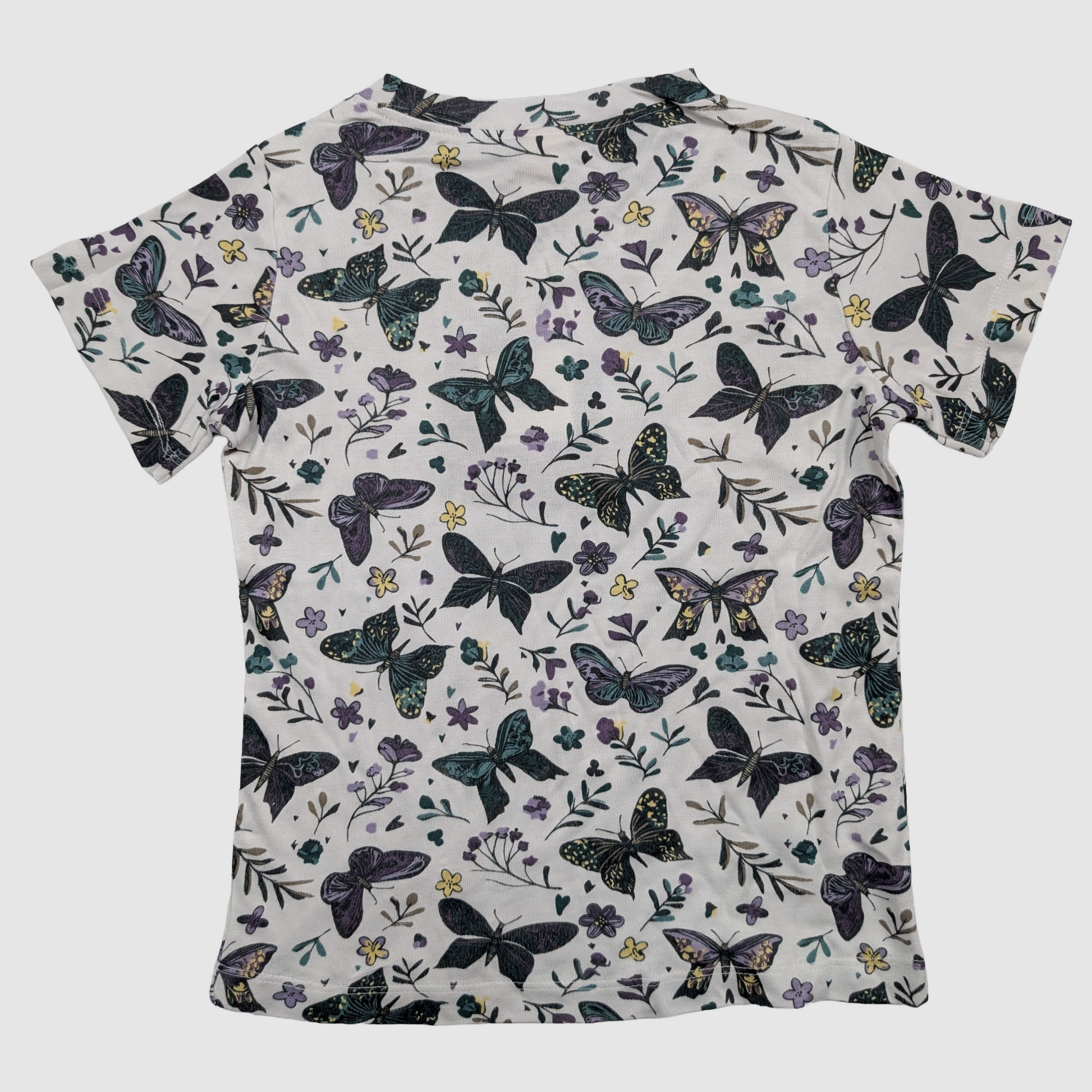 TENCEL Modal T-shirt with dark butterfly pattern on a white background