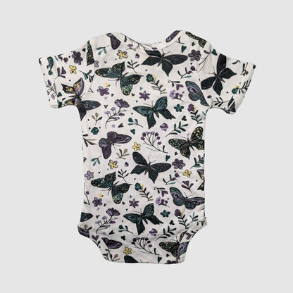 Lap neck baby onesie with butterfly and floral pattern on a white background