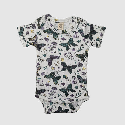 Baby onesie with dark butterfly and floral pattern tencel modal