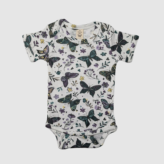 Baby onesie with dark butterfly and floral pattern tencel modal