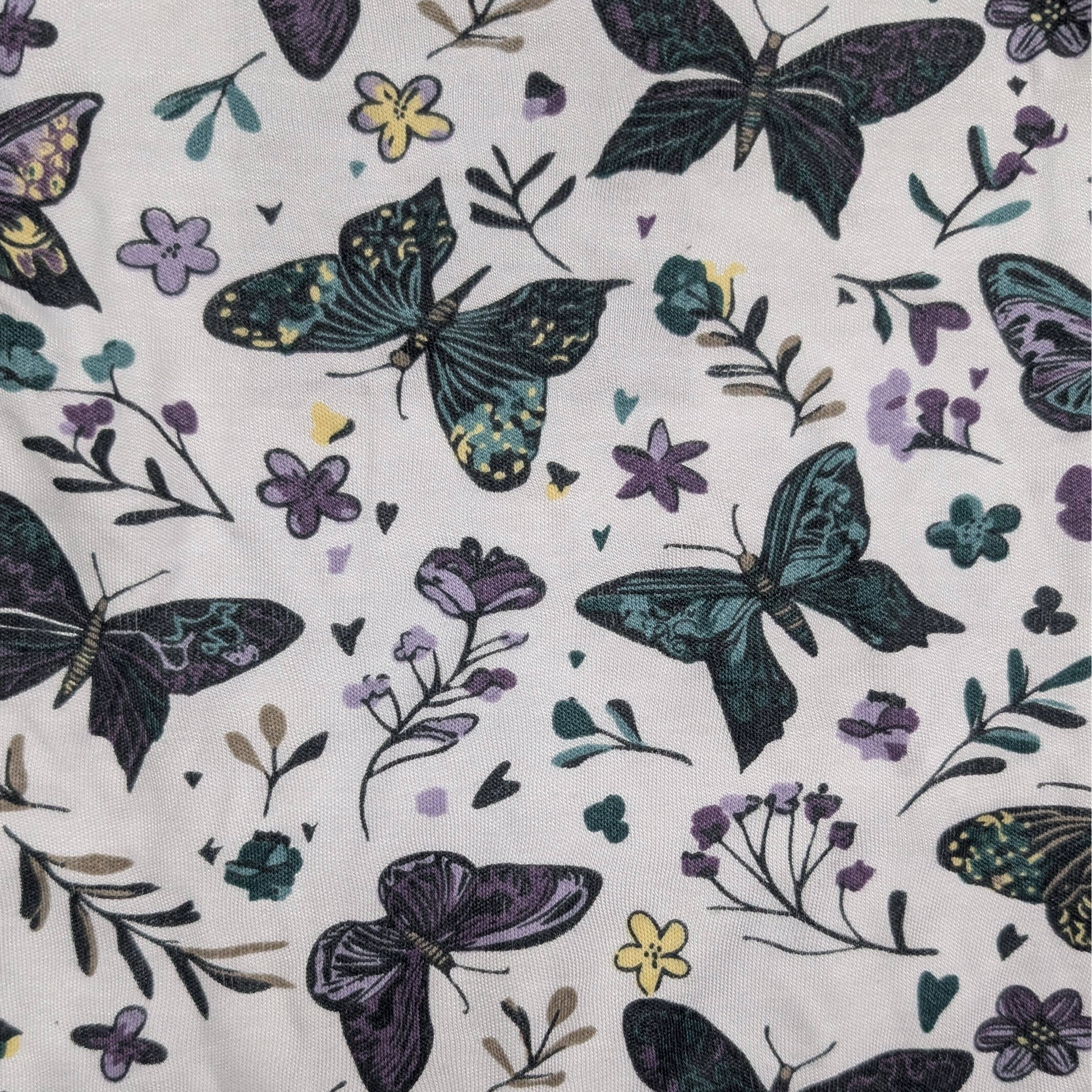 Pattern of butterflies and flowers on a white background