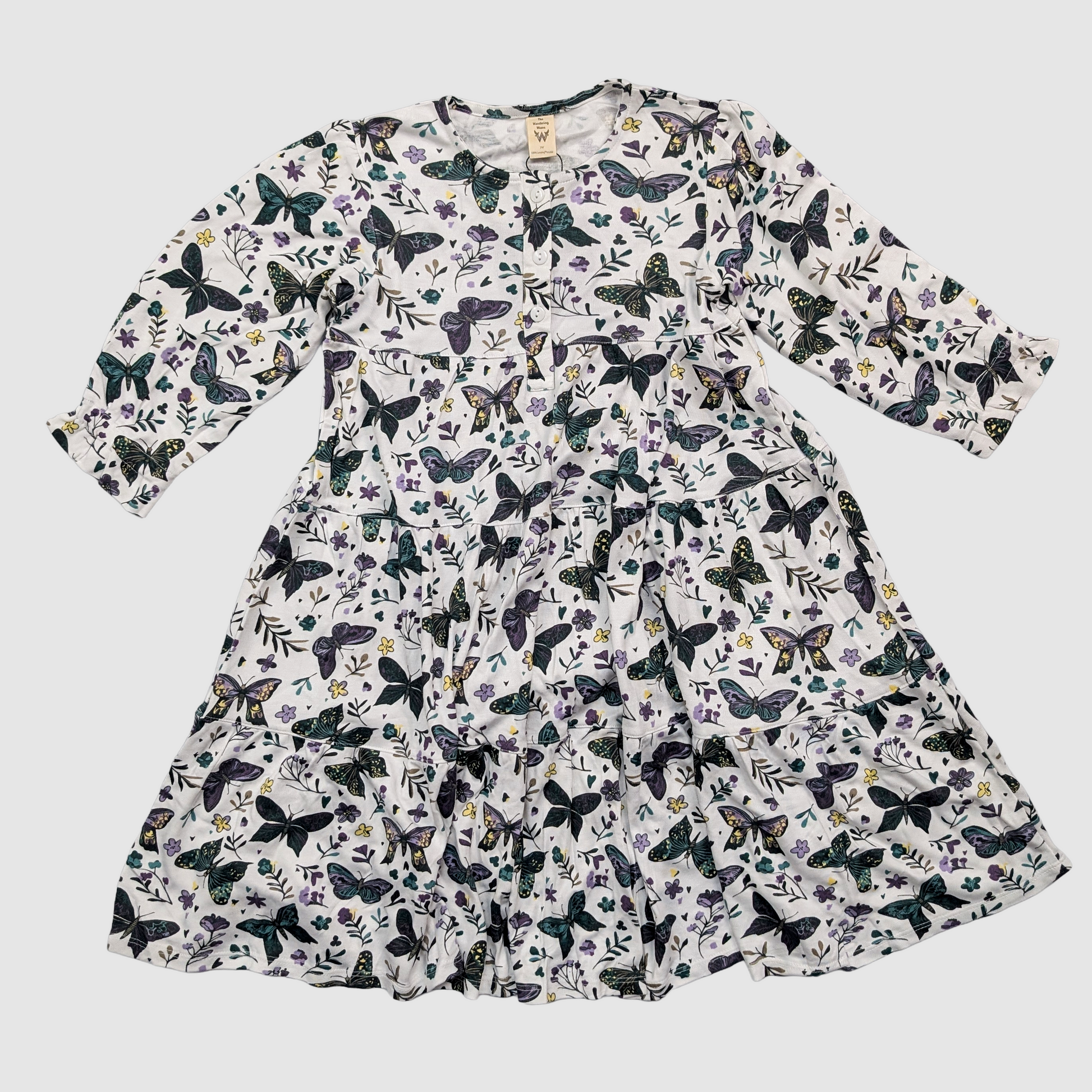 Anne dress with a pattern of dark butterfly floral henley long sleeve kids dress