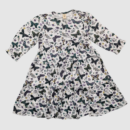 Anne dress with a pattern of dark butterfly floral henley long sleeve kids dress