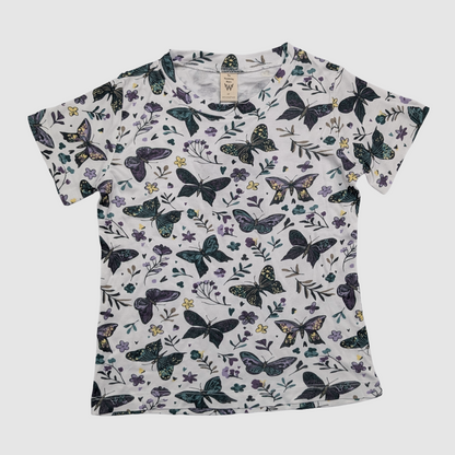 TENCEL Modal Kids T-shirt with dark butterfly pattern on a white background