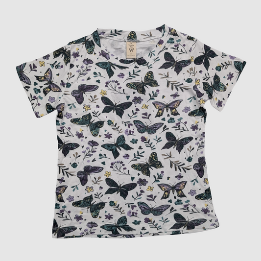 TENCEL Modal Kids T-shirt with dark butterfly pattern on a white background