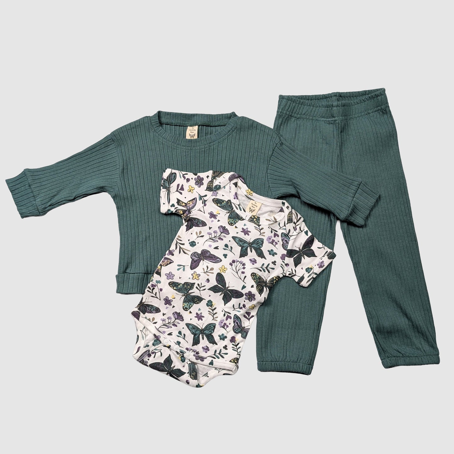 Baby outfit set with green long-sleeve shirt, butterfly onesie, and green pants organic cotton oliver set