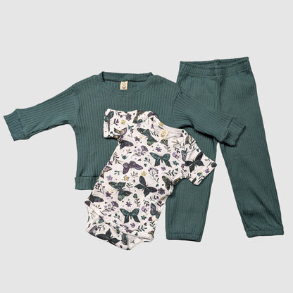 Baby outfit set with green long-sleeve shirt, butterfly onesie, and green pants organic cotton oliver set