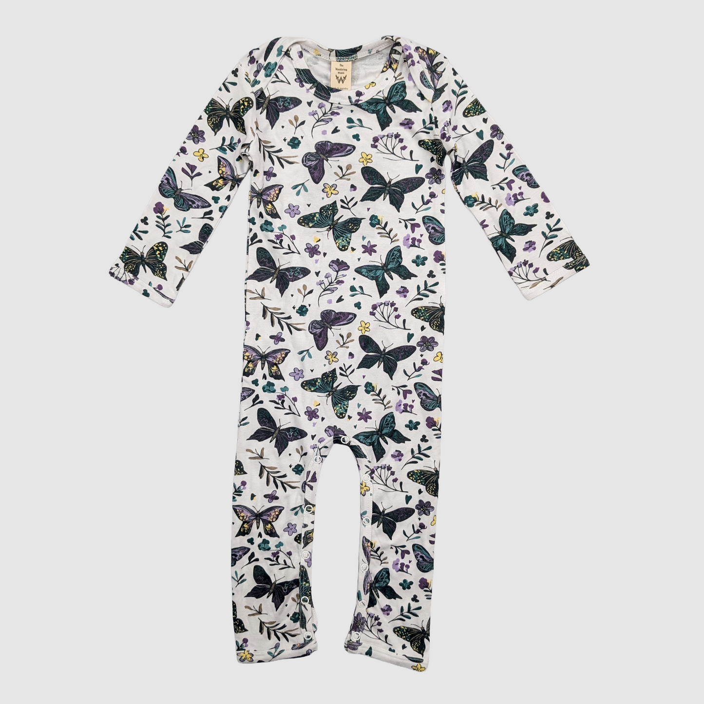 Baby jumpsuit with butterfly pattern on a white background