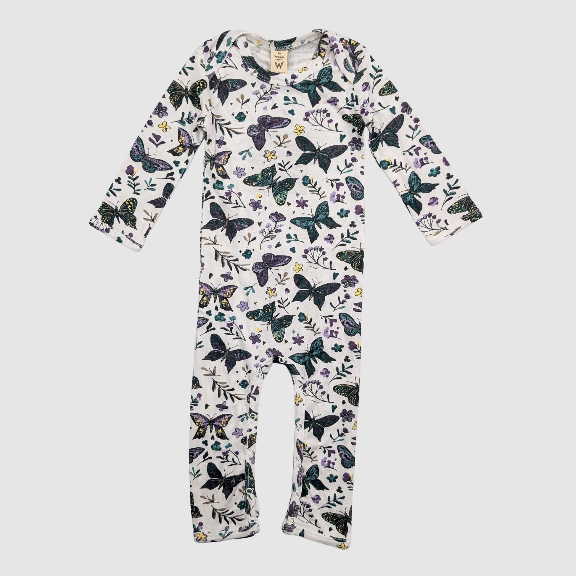 Baby jumpsuit with butterfly pattern on a white background