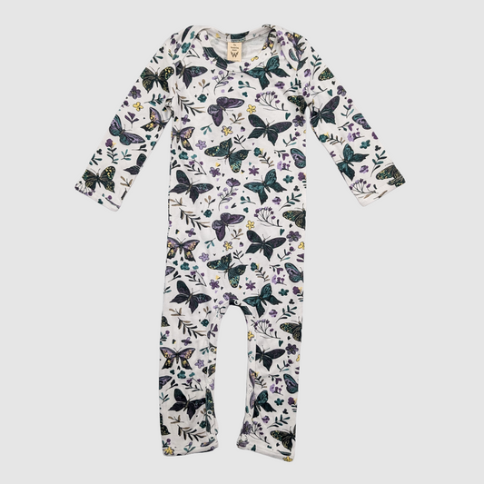 Baby jumpsuit with butterfly pattern on a white background